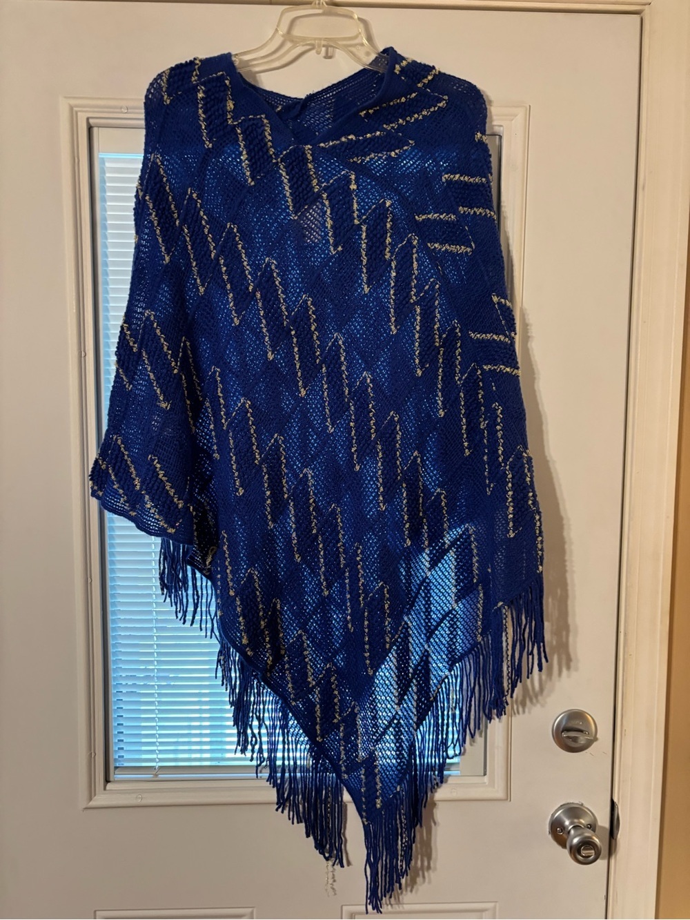 Blue/Gold  Fringe Poncho Sweater - Women's Lightweight Knit